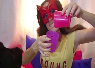 Masked hottie swallows fresh animal semen